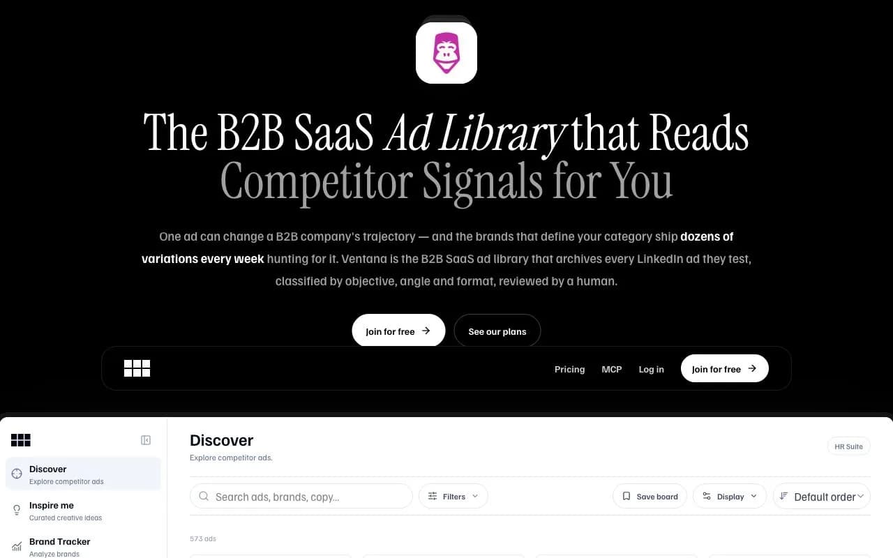Ventana Discover workspace with competitor ads, filters and saved folders
